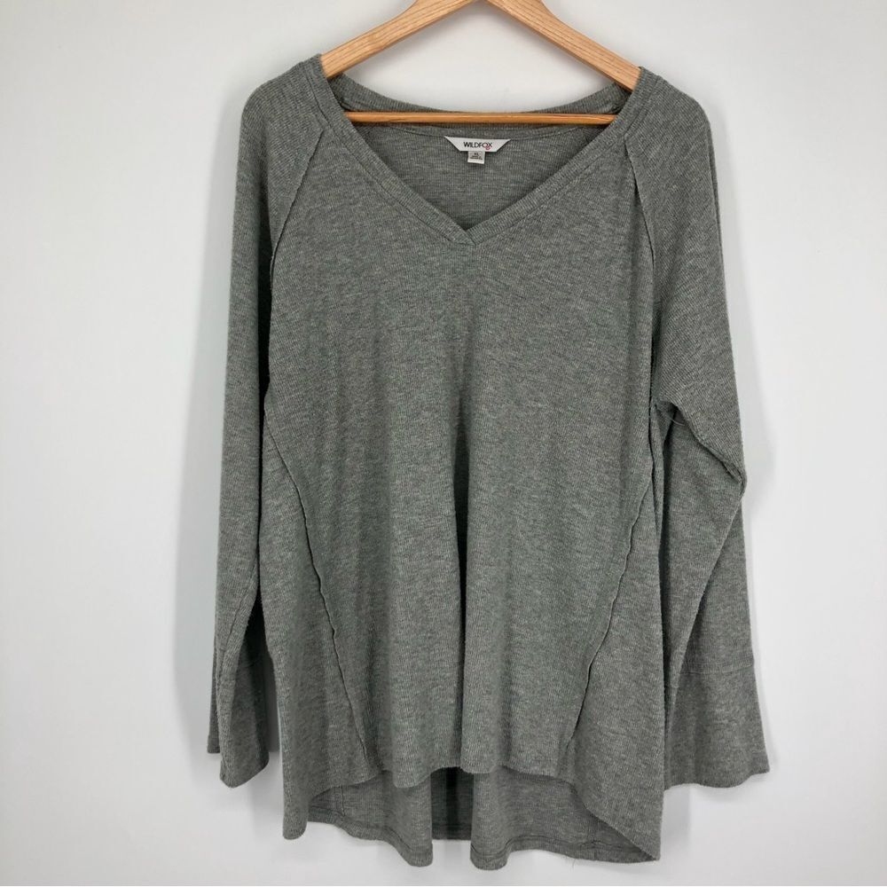 Wildfox Shirt Womens XL Gray Long Sleeve V Neck Cozy Pieced